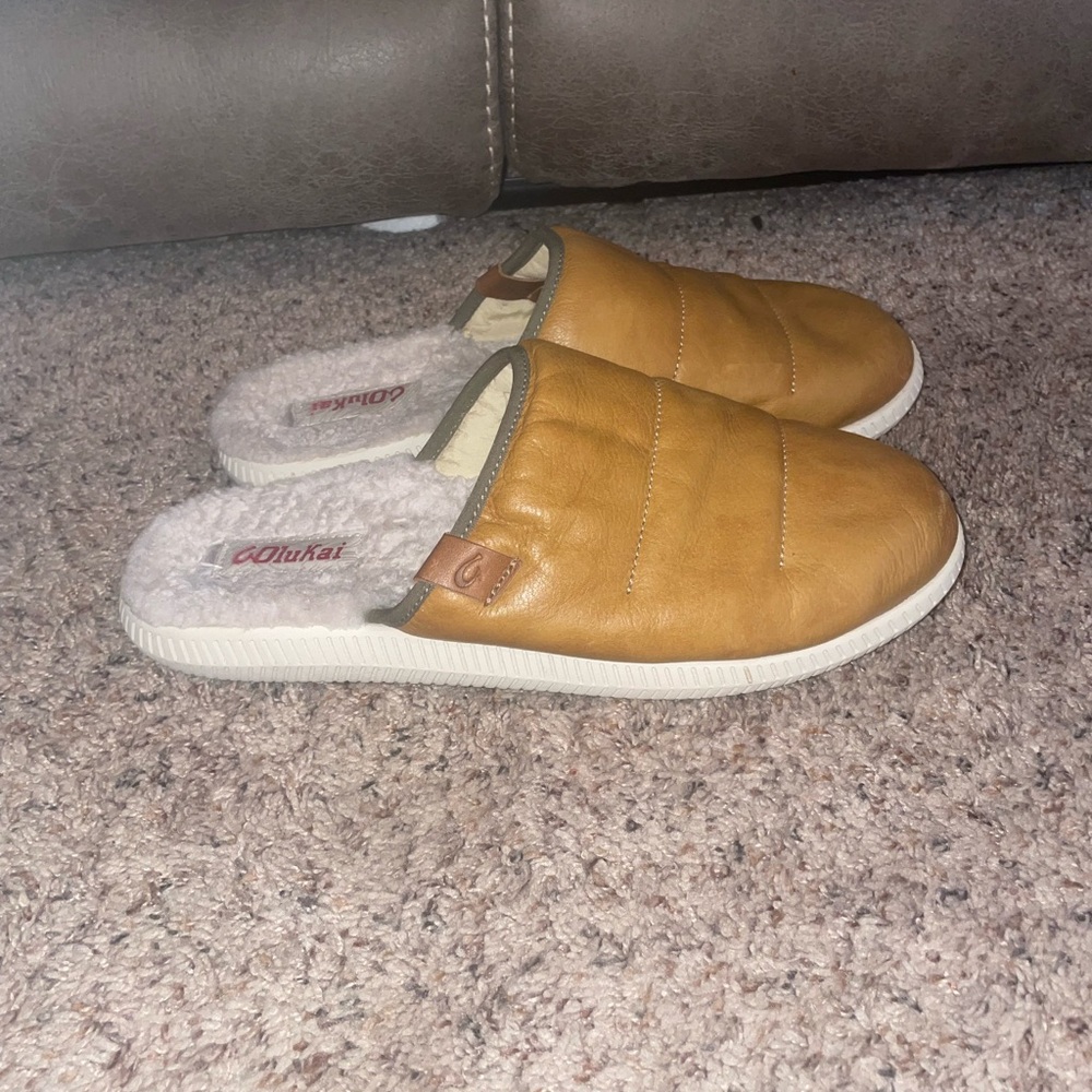Olukai Men Mua’Ili Tan Leather Lined Mule Island Slippers Size 10